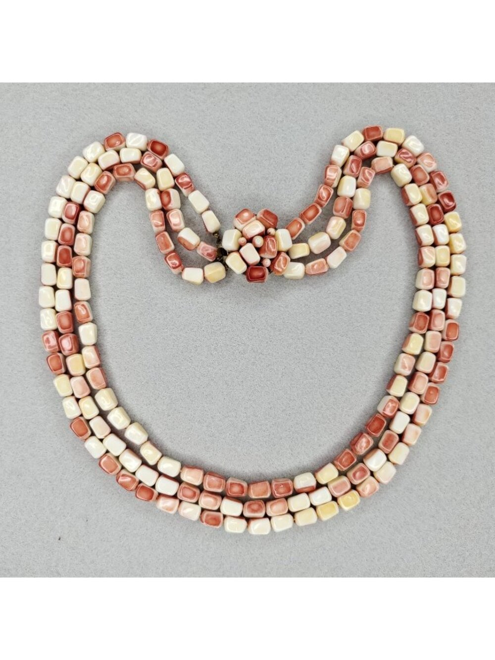 Vintage Beaded Necklace Acrylic Layered Multi Strand Cream Red 18"